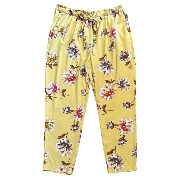 Jules & Leopold Pants - JULES & LEOPOLD yellow floral elastic drawstring paper bag waist ankle pants XL